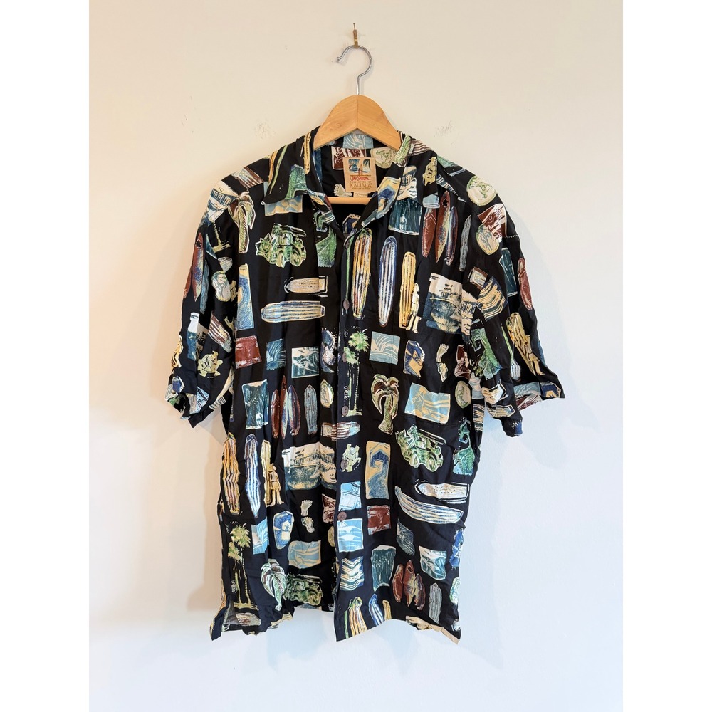 Kahala John Severson Collection Mens Black Rayon Surf Print Hawaiian Shirt S